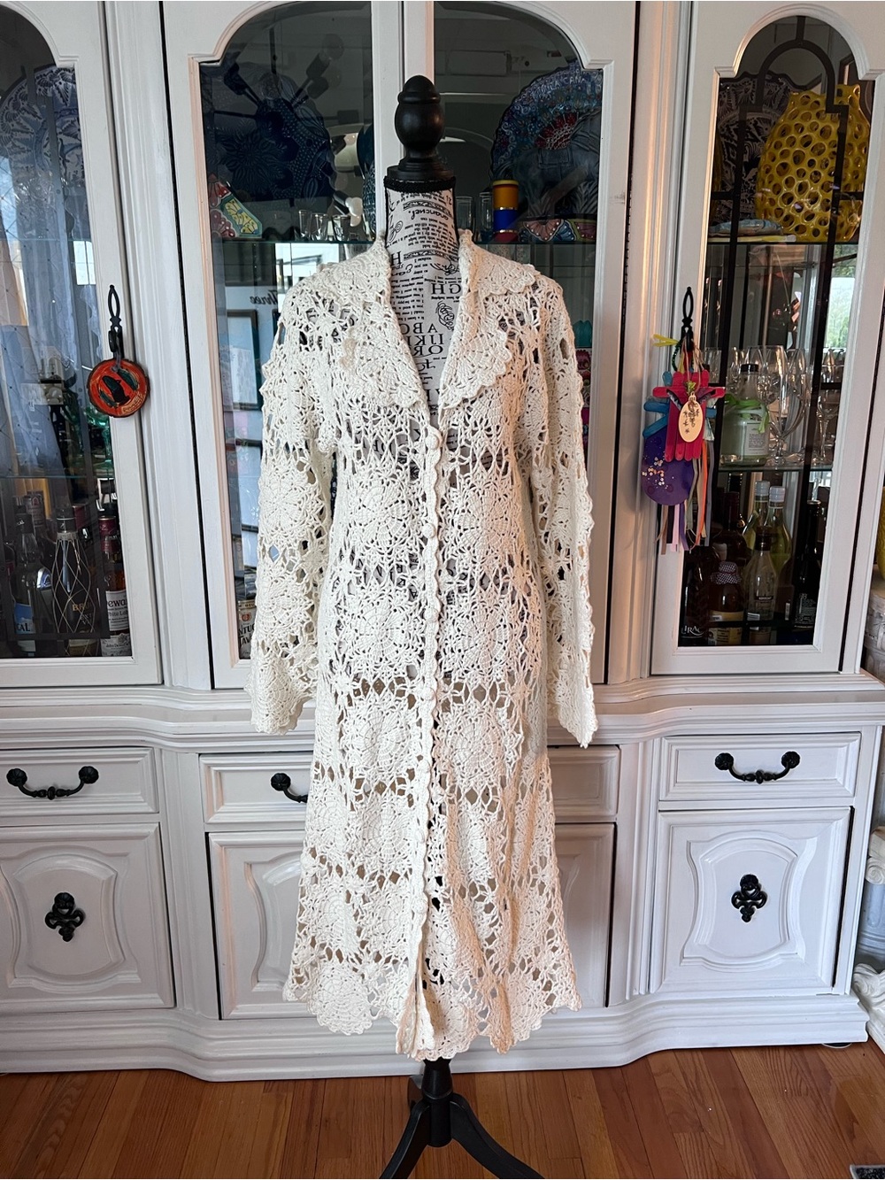Newport News Cream Crochet Long Cardigan Duster with Scalloped Edges S